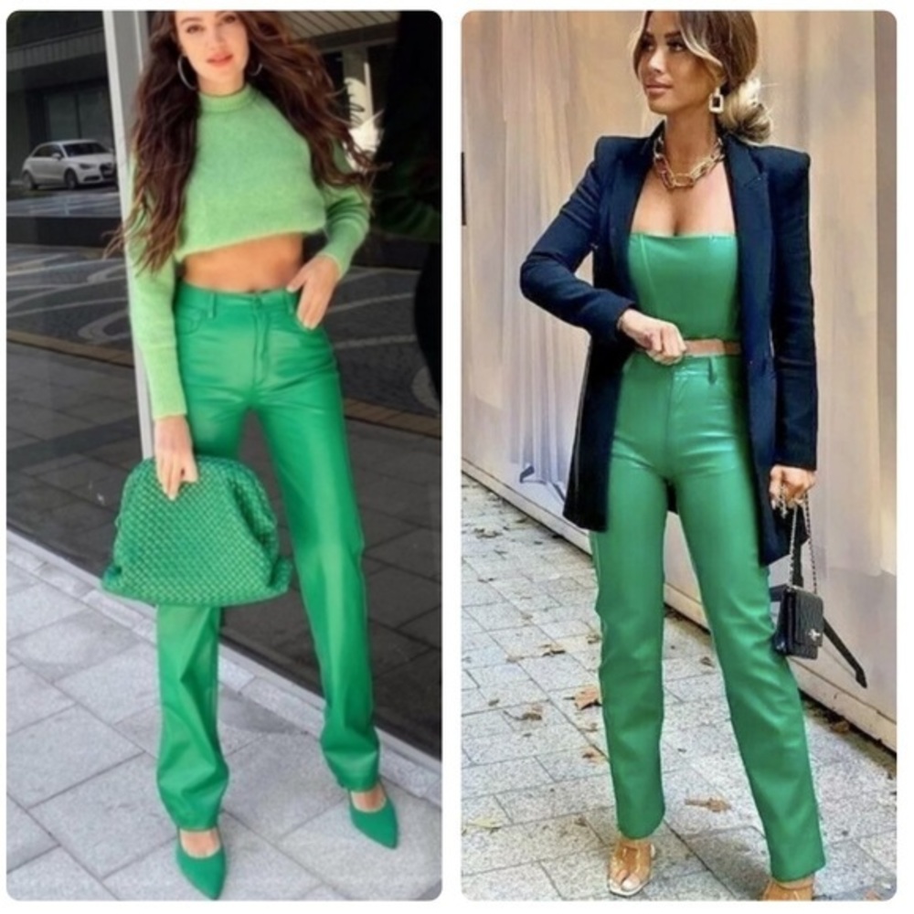 Zara NWT faux leather green trousers